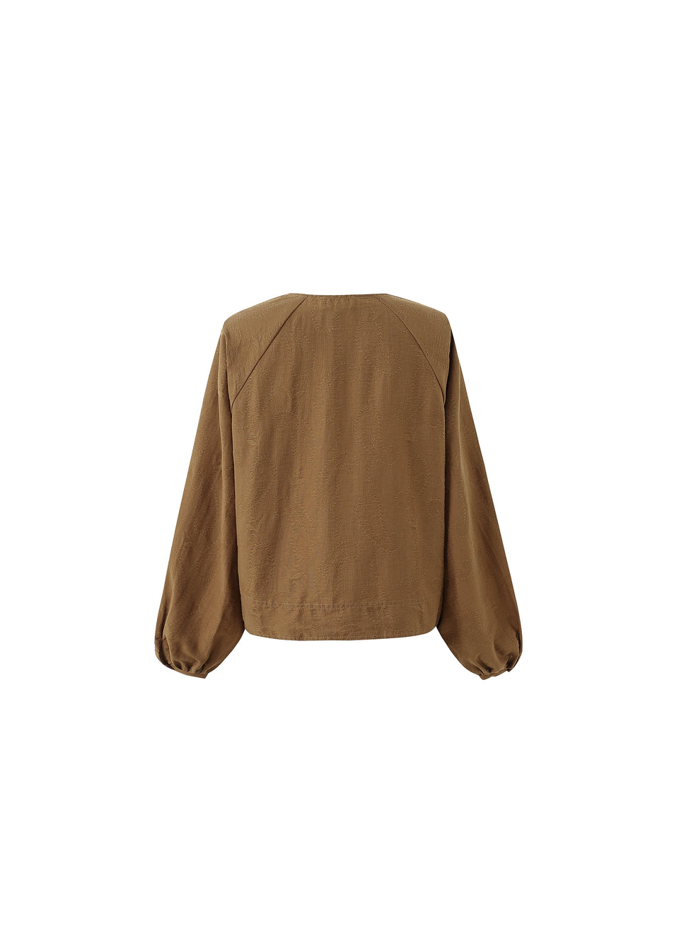 Textured Pensee blouse in light neutral tone with long puff sleeves, V-neckline and loose flowing silhouette made of lyocell.
