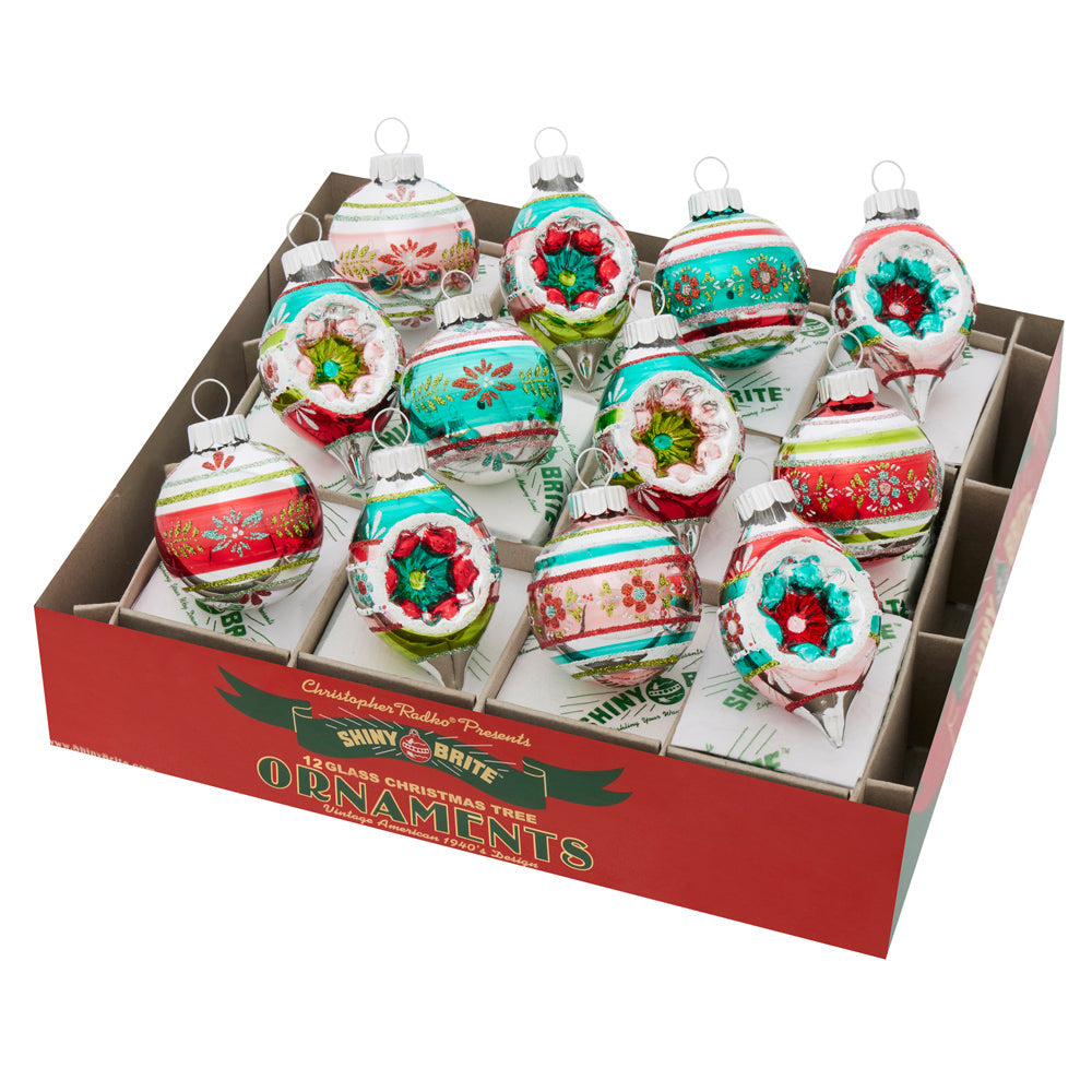 Packaging for Festive Fete decorated round and shape ornaments in assorted holiday colors.