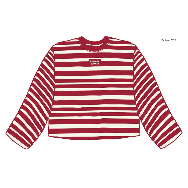Alecia OU Sooners long sleeve tee with red and white horizontal stripes and Boomer Sooner logo.