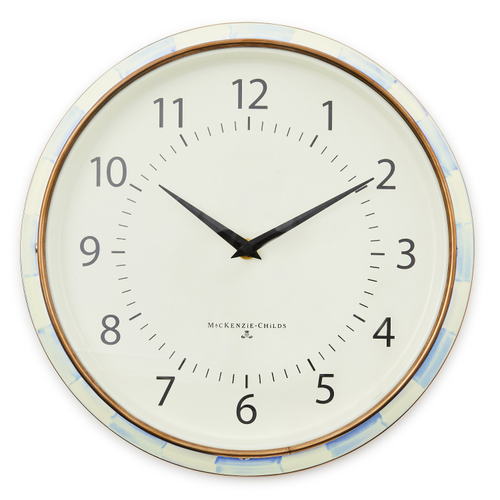 Sky Check School Wall Clock with printed numbers on face and hand-painted sky blue checks on steel body.