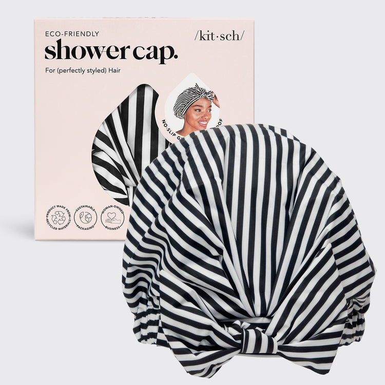 Black silicone shower cap with white stripes and non-slip grip
