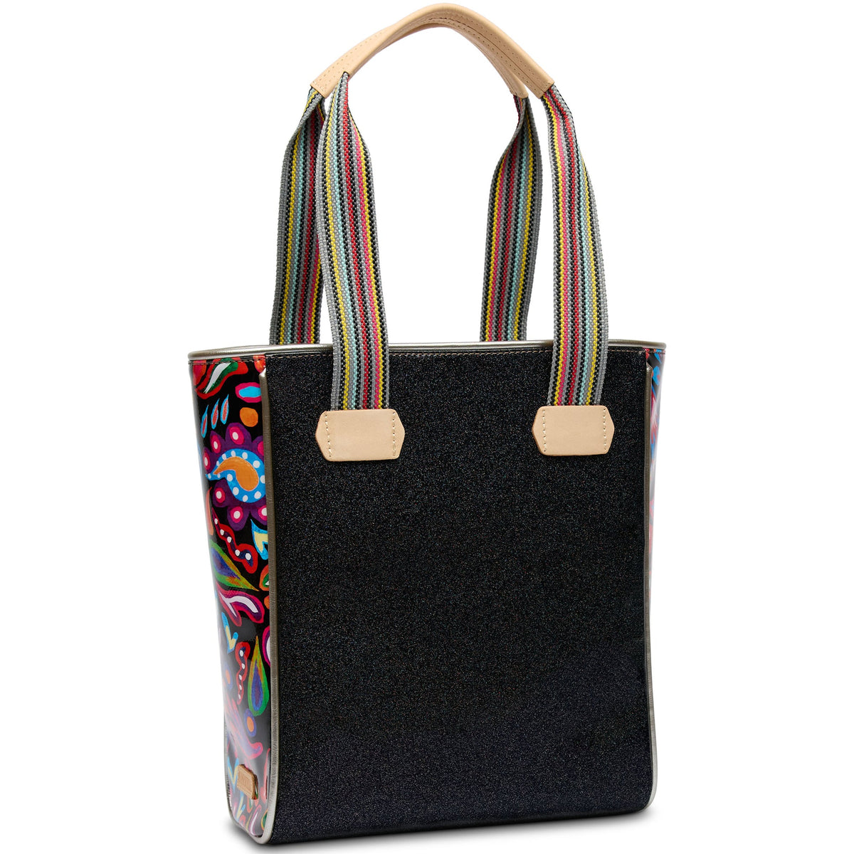 Black glitter Mariana Chica tote with ivory interior pockets and natural leather trim