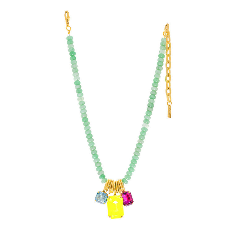 Antique gold-plated brass necklace with high-quality crystals and beads on a 16-inch chain.