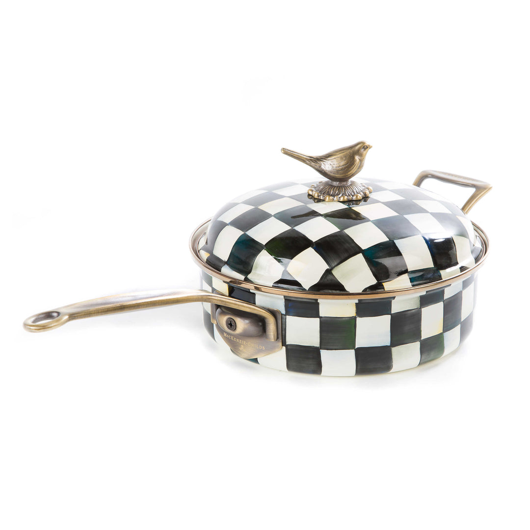 Courtly Check Enamel 3 Quart Saute Pan with a black and white checkered pattern and a bird knob.
