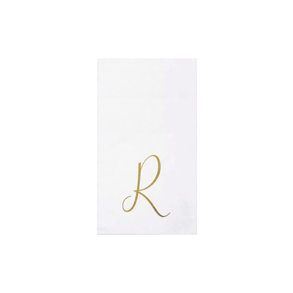 Folded gold monogram guest towels made from spunlace material.