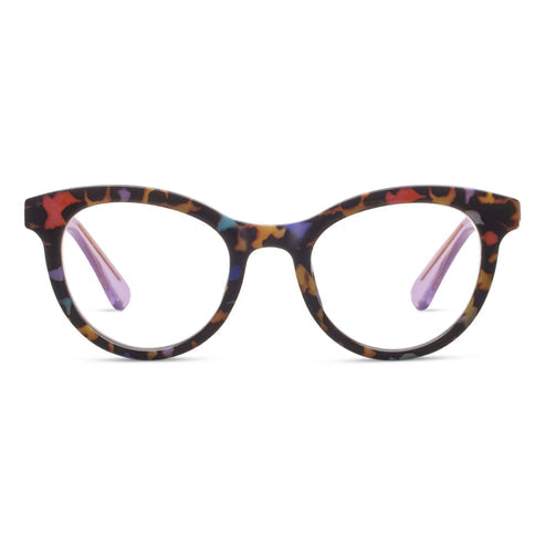 Tribeca eyeglasses with wire core-colored temples and a patterned cat-eye silhouette.