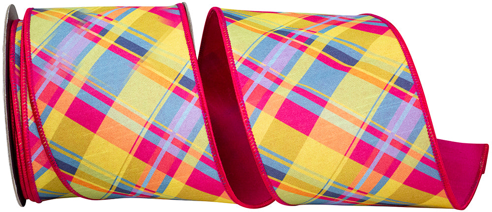 Plaid Florzie Dupioni Deluxe Wired Edge Ribbon in vibrant yellow, pink, and blue colors.