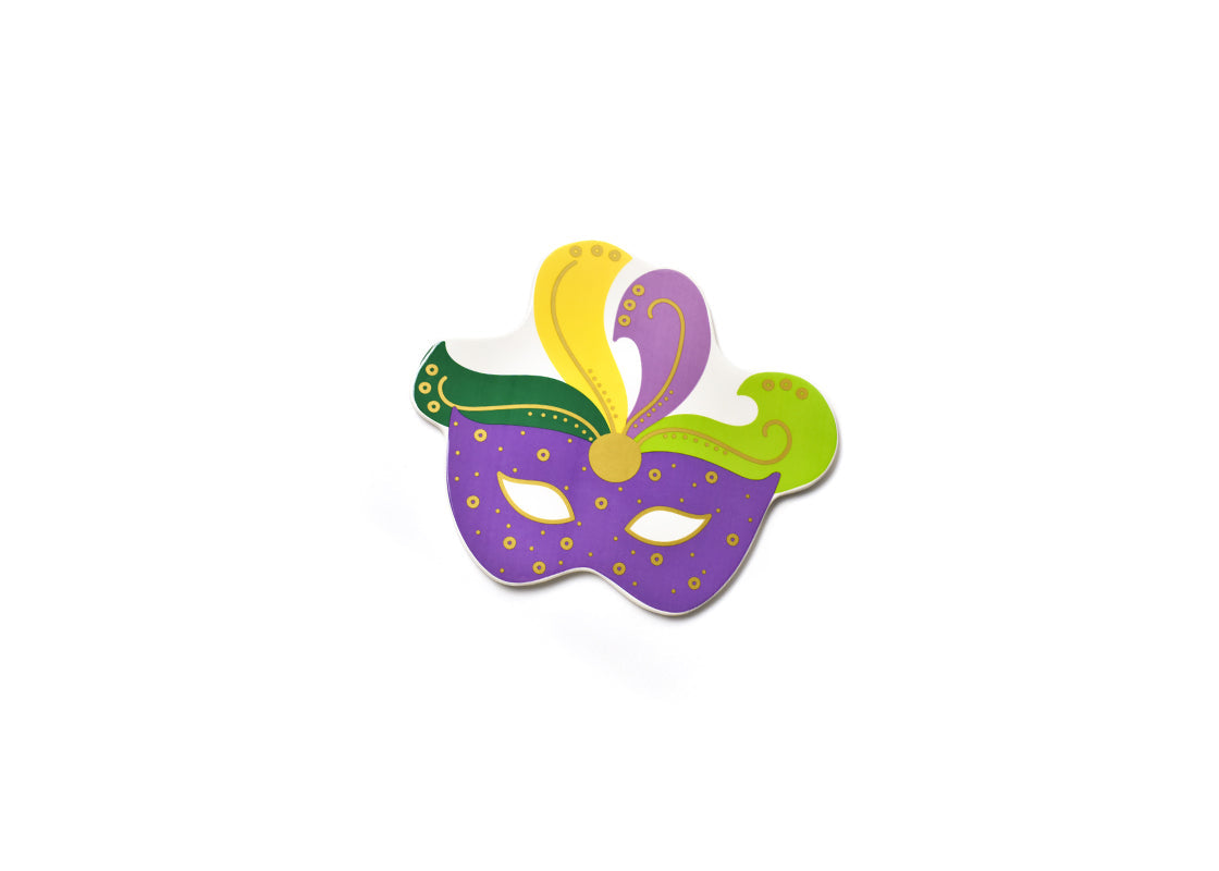 Ceramic Mardi Gras mask mini attachment with purple, green, and yellow feather details.
