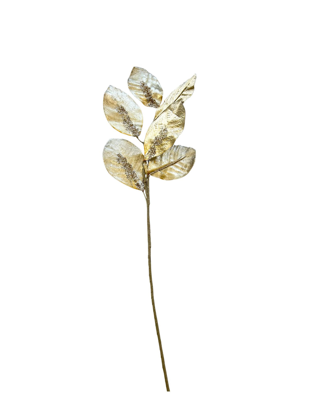 Bronze leaf-shaped pick with glitter accents on a white background