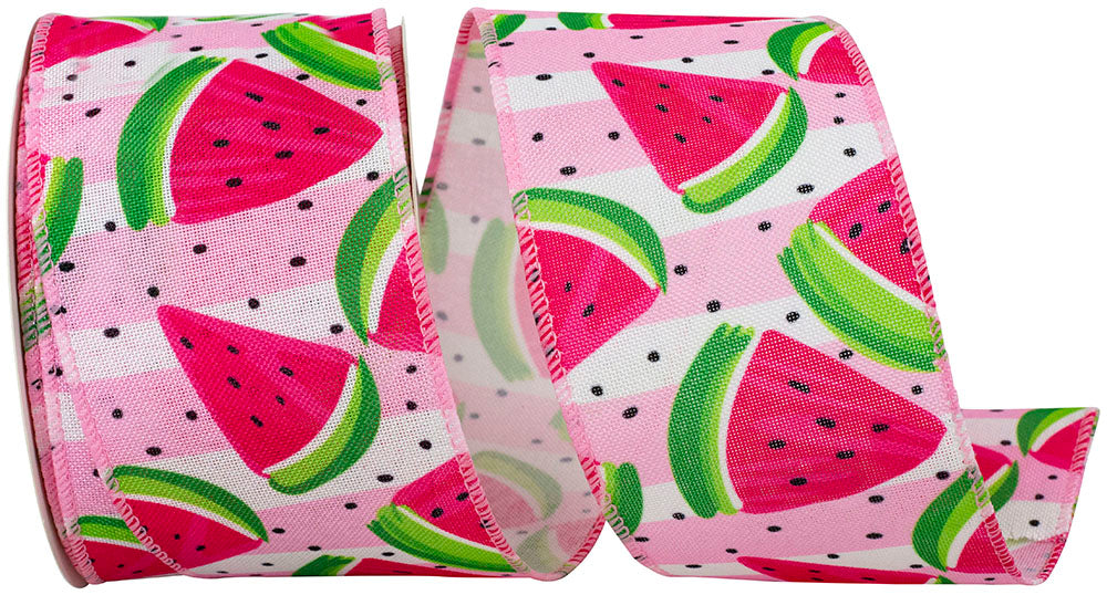 Linen wired edge fabric in watermelon slices print with a 2-1/2 inch width.