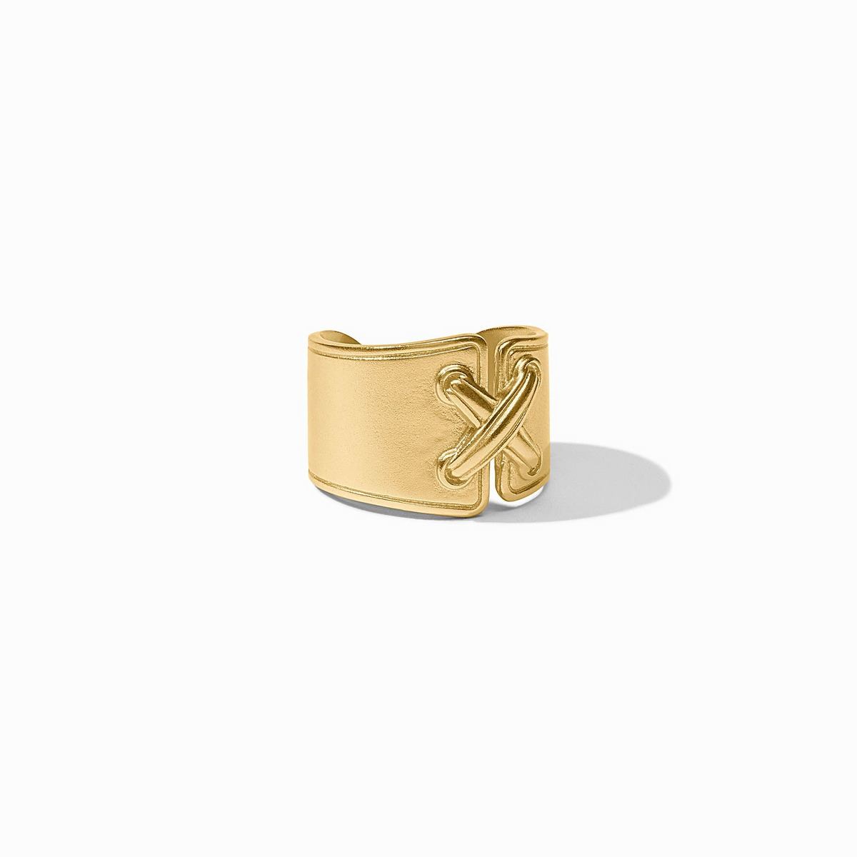 Gold Essex Ring featuring a wide band with a raised cross-stitch design on a matte finish.