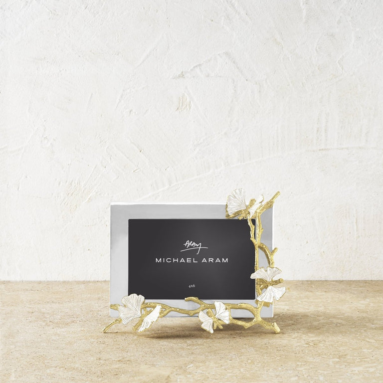 Gold reflective butterfly ginkgo tree frame with white enamel accents