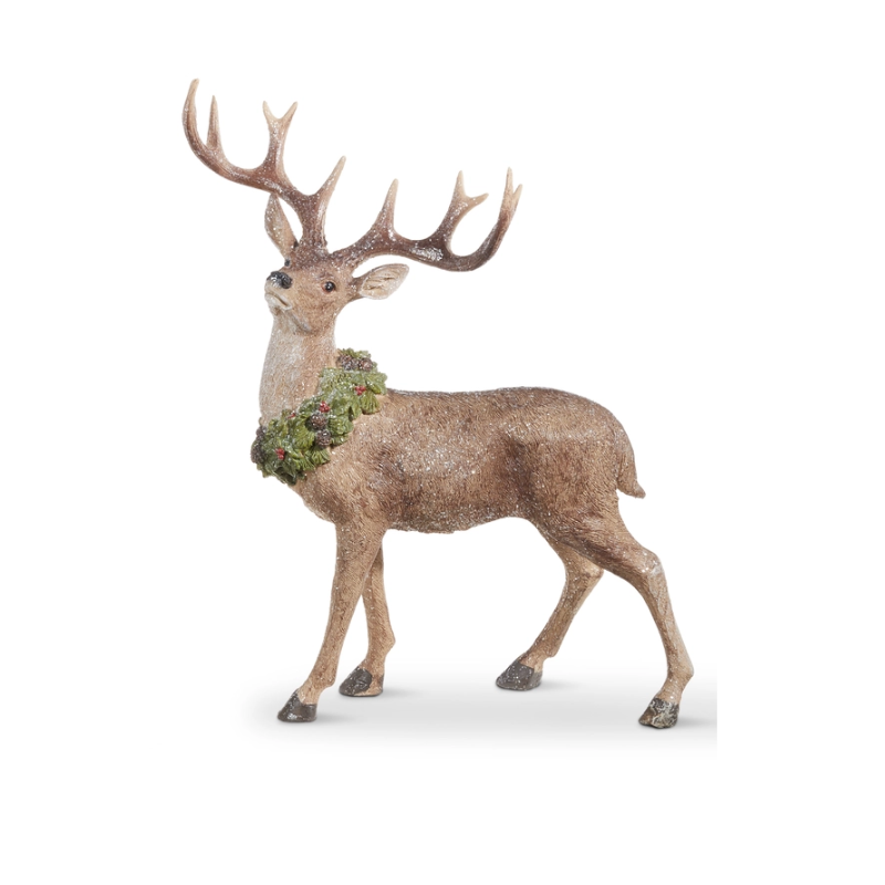 Standing brown resin deer figurine with large antlers and a green holiday wreath around its neck.