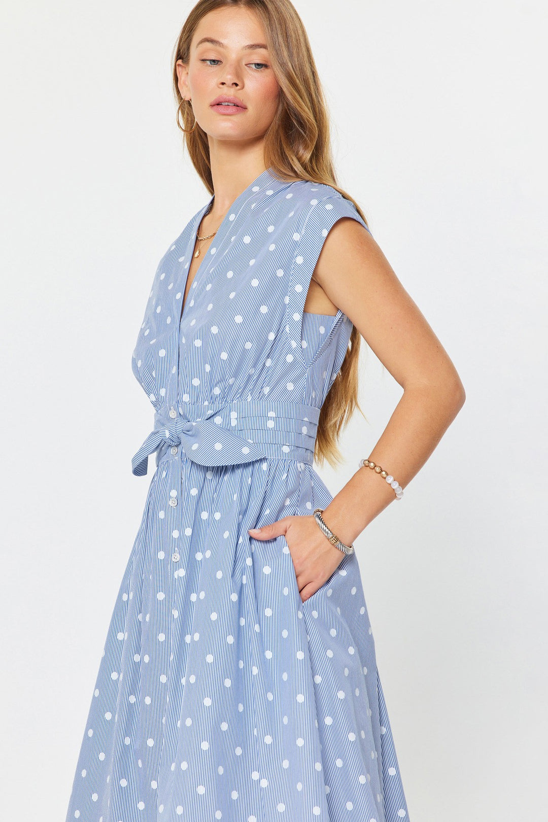 Audrey Striped Polka Dot Button Down Midi Dress