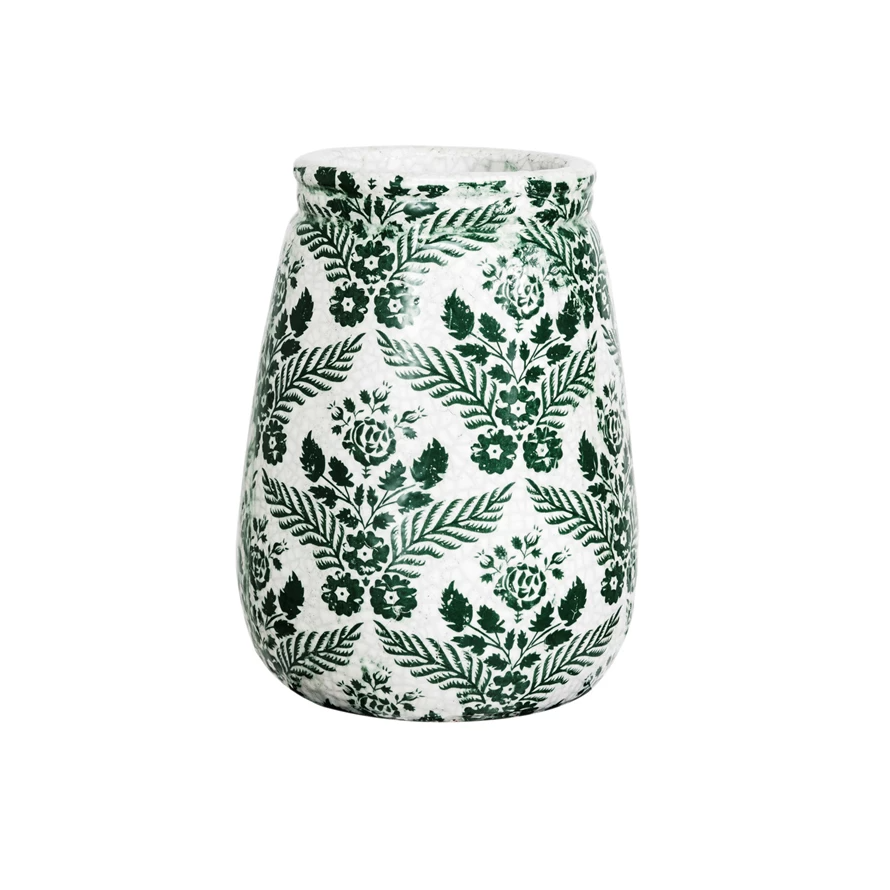 Round terracotta vase with crackle glaze finish featuring a floral pattern