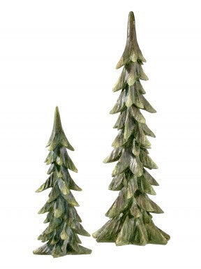Two resin antique forest tree figurines in different sizes with a green and brown rustic finish.