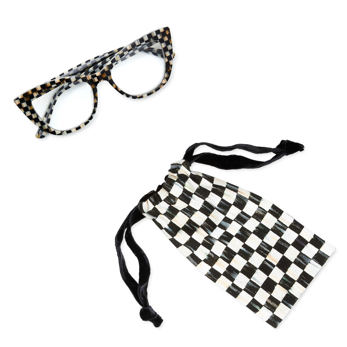 Checkered cat eye reading glasses with a matching drawstring pouch on a white background.