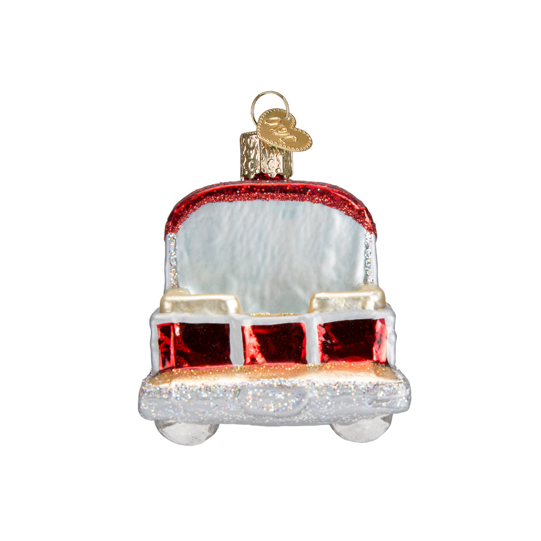 Hand-painted glass pontoon boat Christmas ornament with red and silver glitter accents.