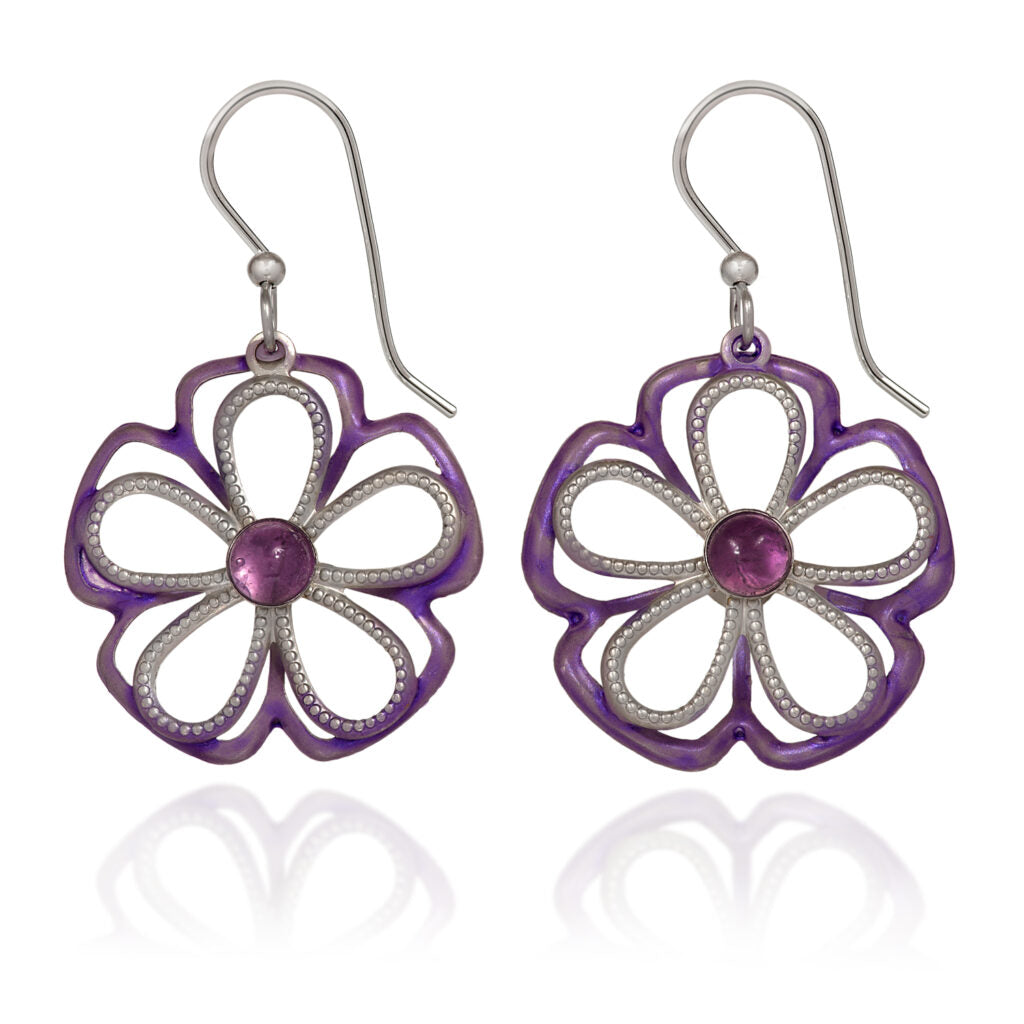 Open flower drop earrings with purple petals, silver-tone beaded inner petals, and a purple stone.