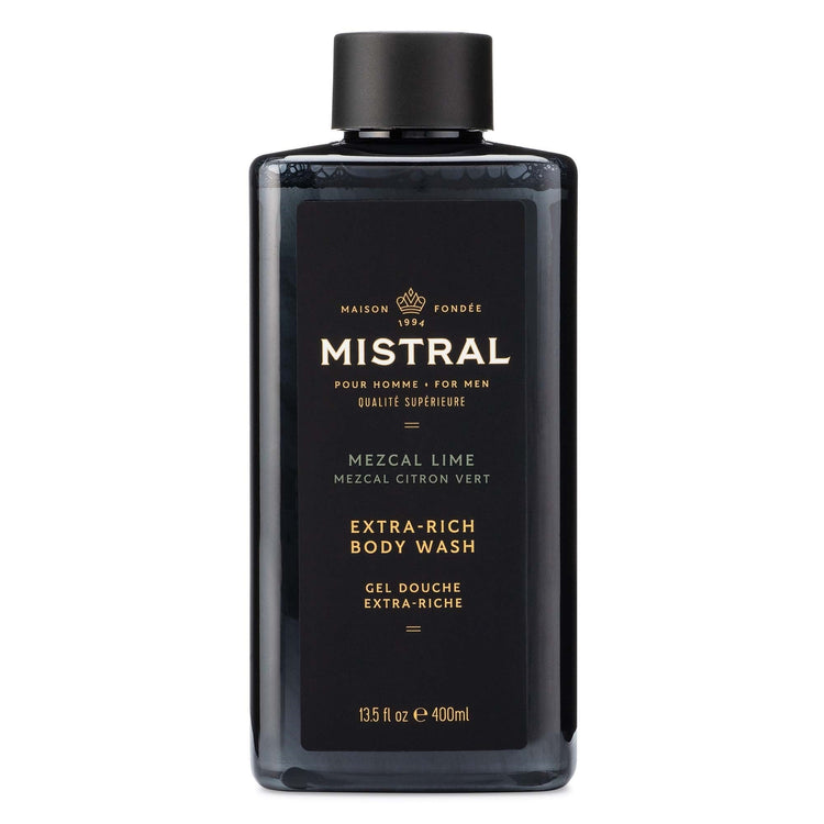 Bottle of Mezcal Lime Body Wash with a clear liquid inside.