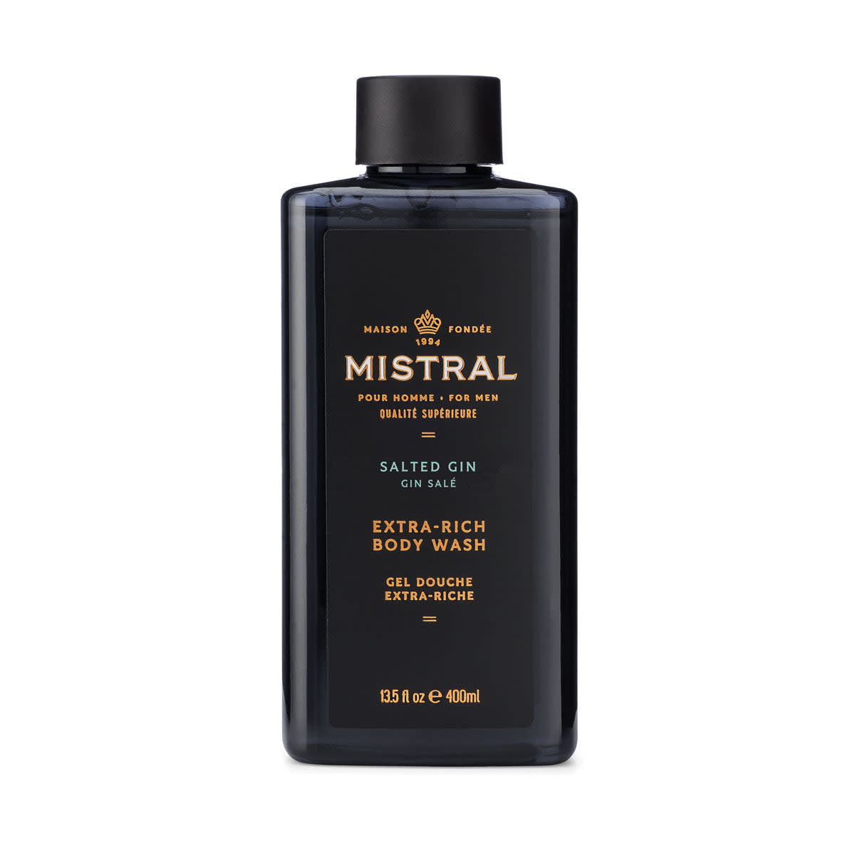 Bottle of Salted Gin Body Wash with a white label featuring grapefruit botanicals and saltwater design elements.