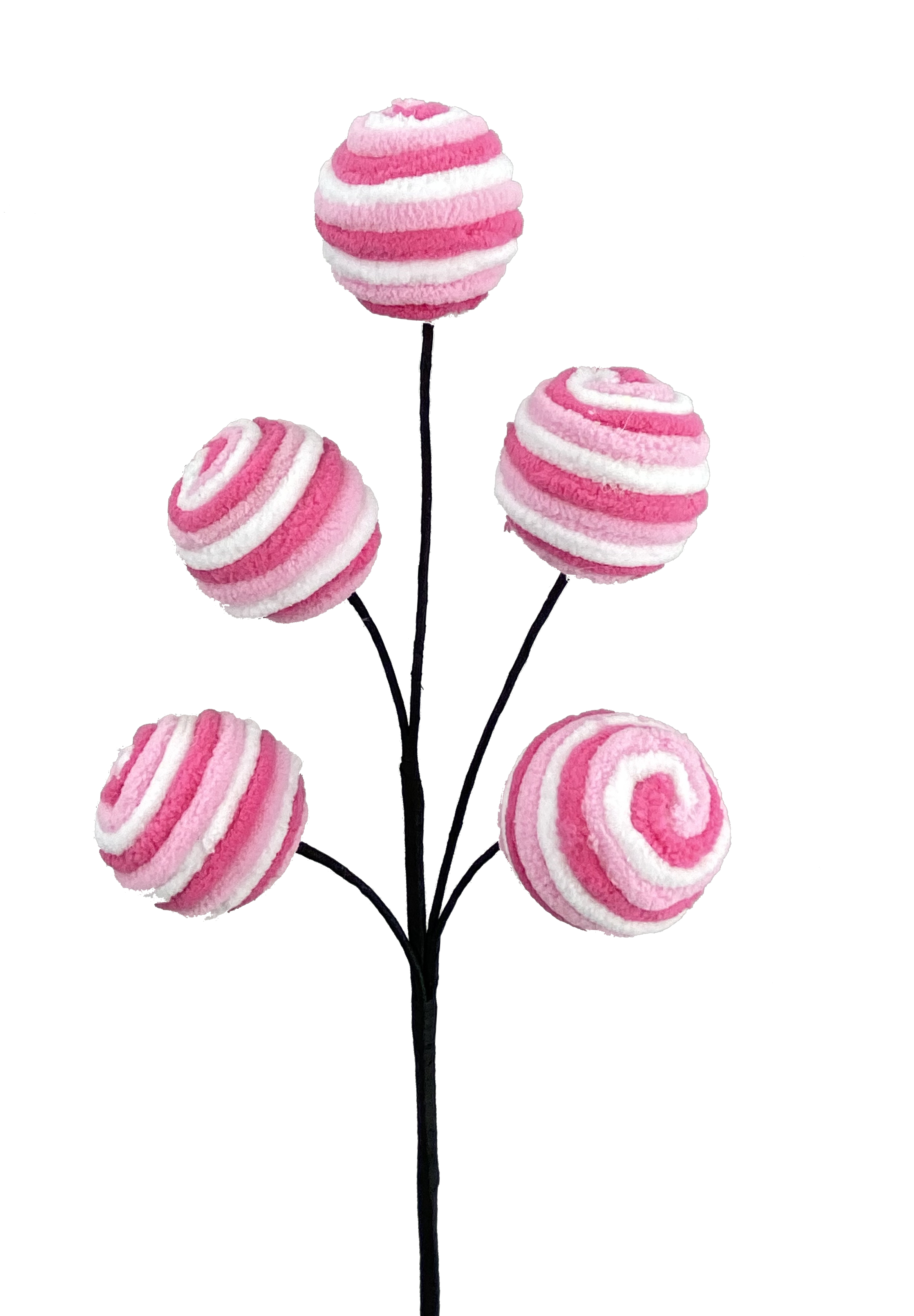 16-inch decorative pick with five pink and white striped fuzzy twirl balls on black stems.