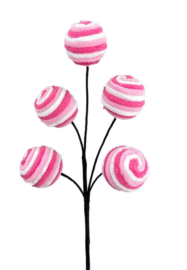 16-inch decorative pick with five pink and white striped fuzzy twirl balls on black stems.