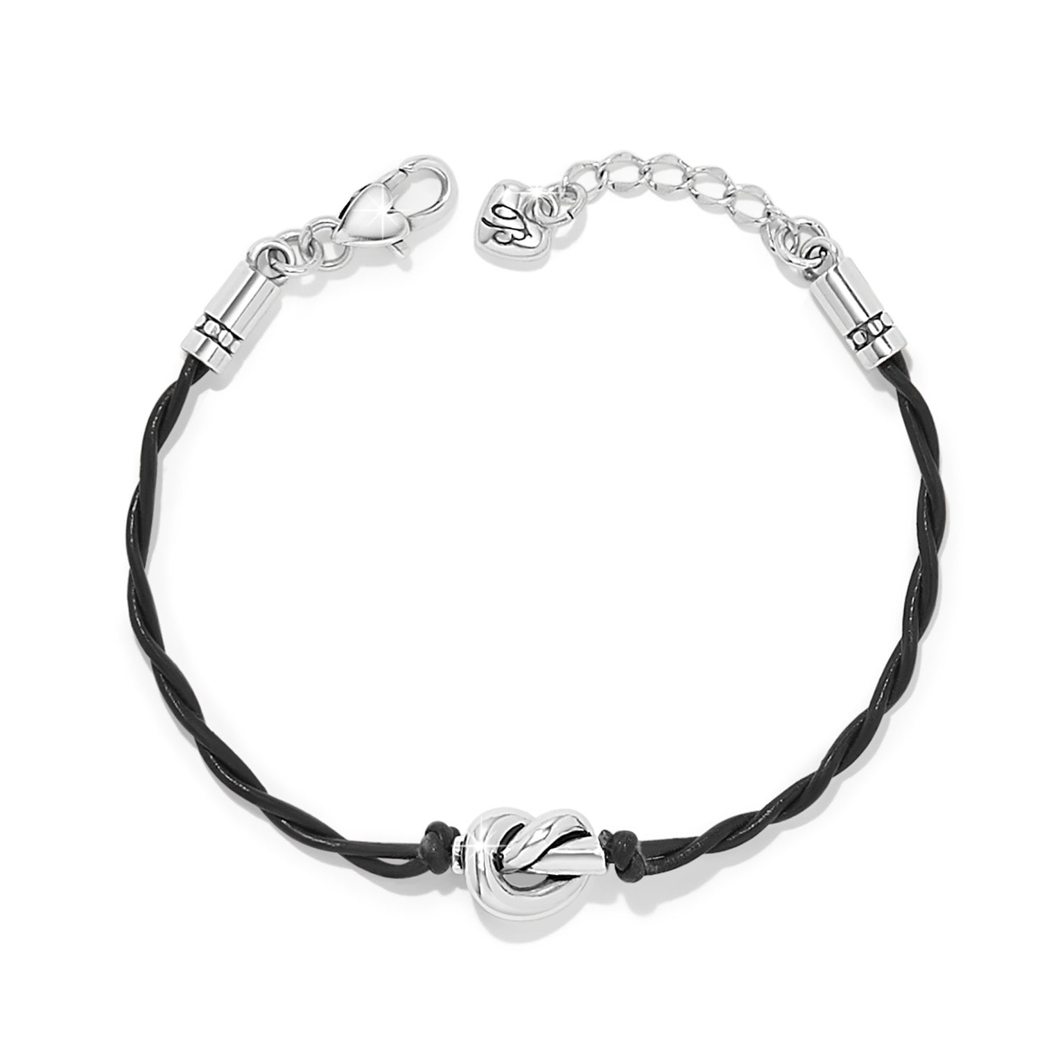 Silver-plated leather cord bracelet with an intricately detailed single knot centerpiece.