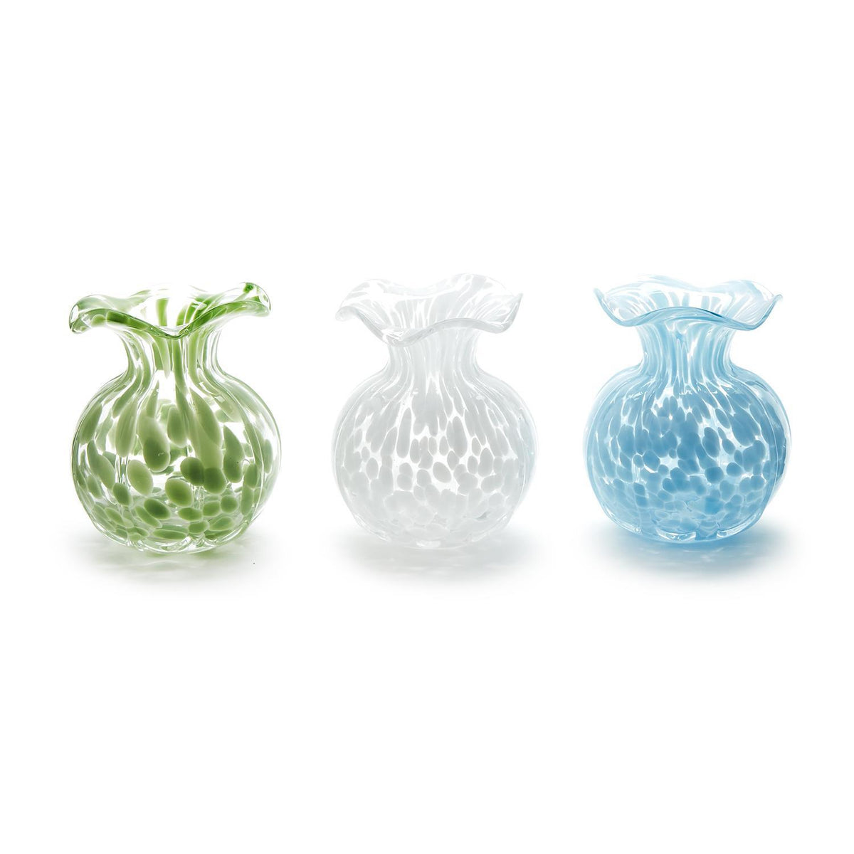 Three handcrafted glass vases with ruffled edges and spotted patterns in green, white, and blue.