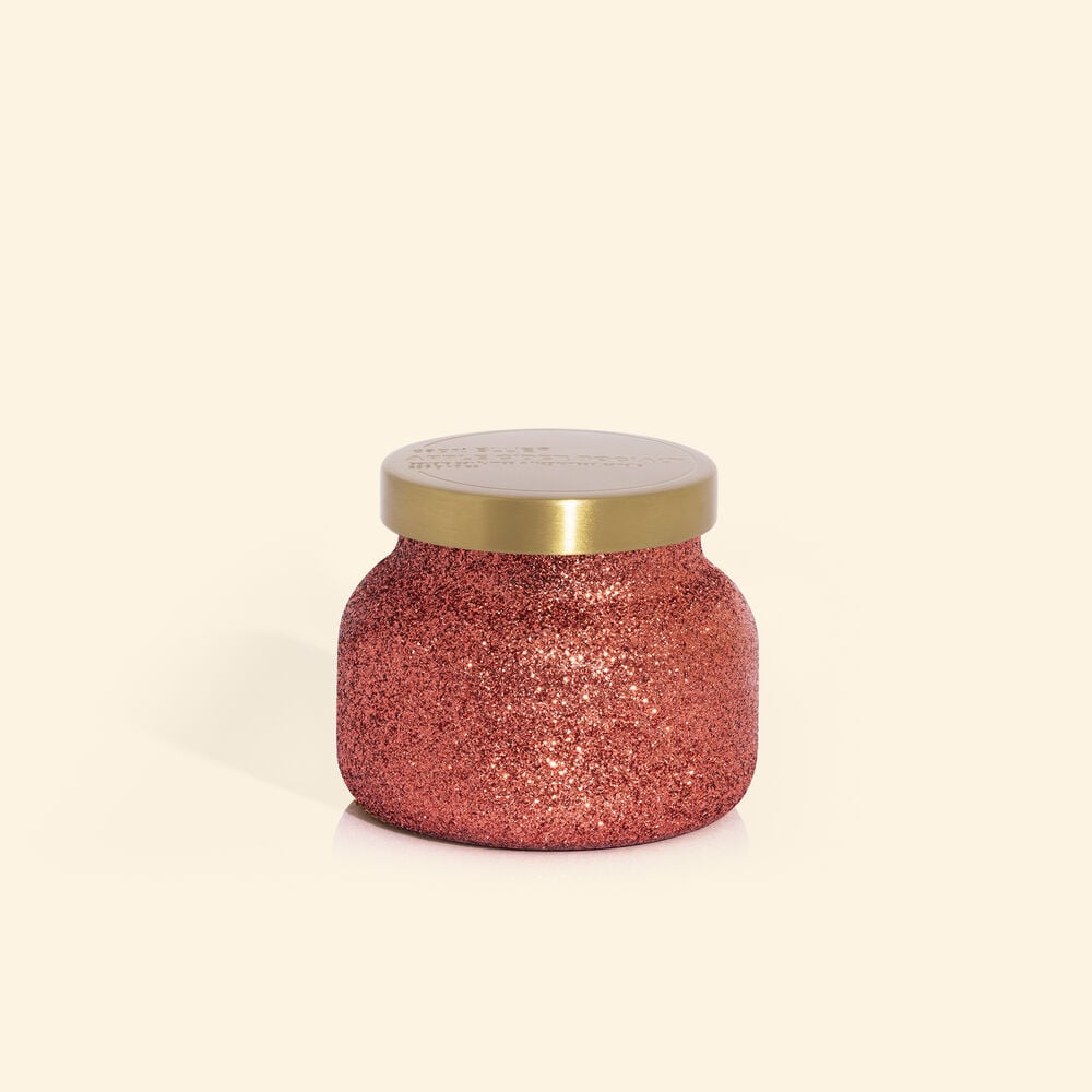 8 oz Apple Cider Social Glam Petite Jar candle in a clear glass jar with an apple cider-colored wax and black wick.