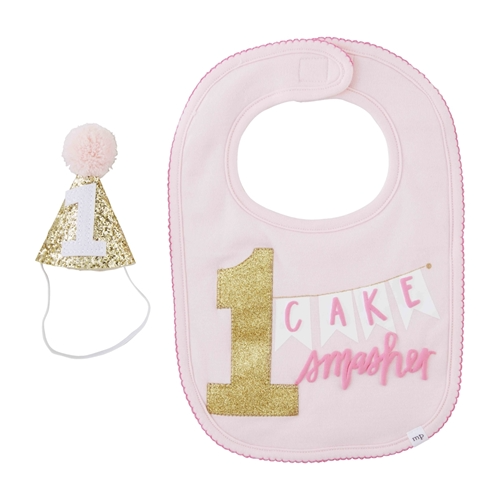 Two-piece cake smash set with cotton bib featuring a #1 Cake Smasher applique and coordinating felt party hat.