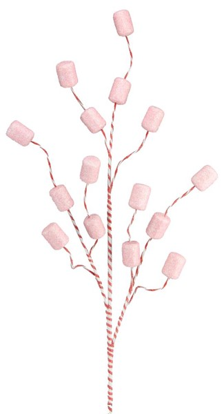 Decorative spray with glittery pink marshmallow-shaped styrofoam pieces on swirling red-white stems.
