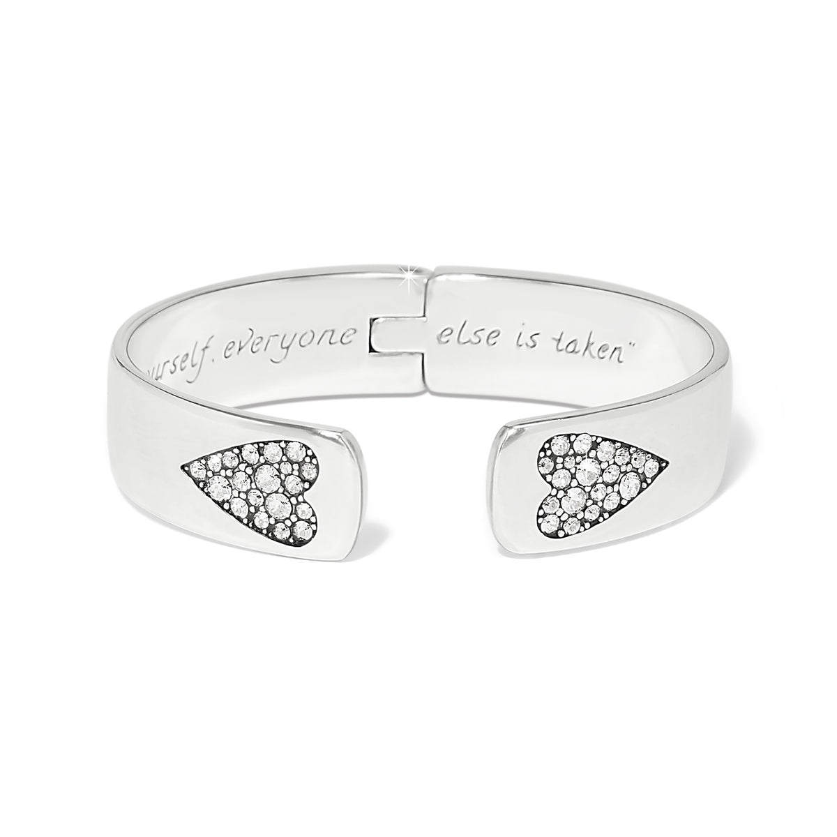 Silver-plated hinged bangle with crystal-encrusted hearts and an engraved inspirational quote.