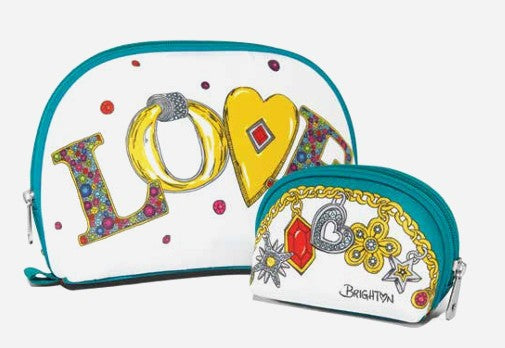 White cosmetic set with teal trim, featuring "LOVE" in colorful letters and charms on the smaller pouch.