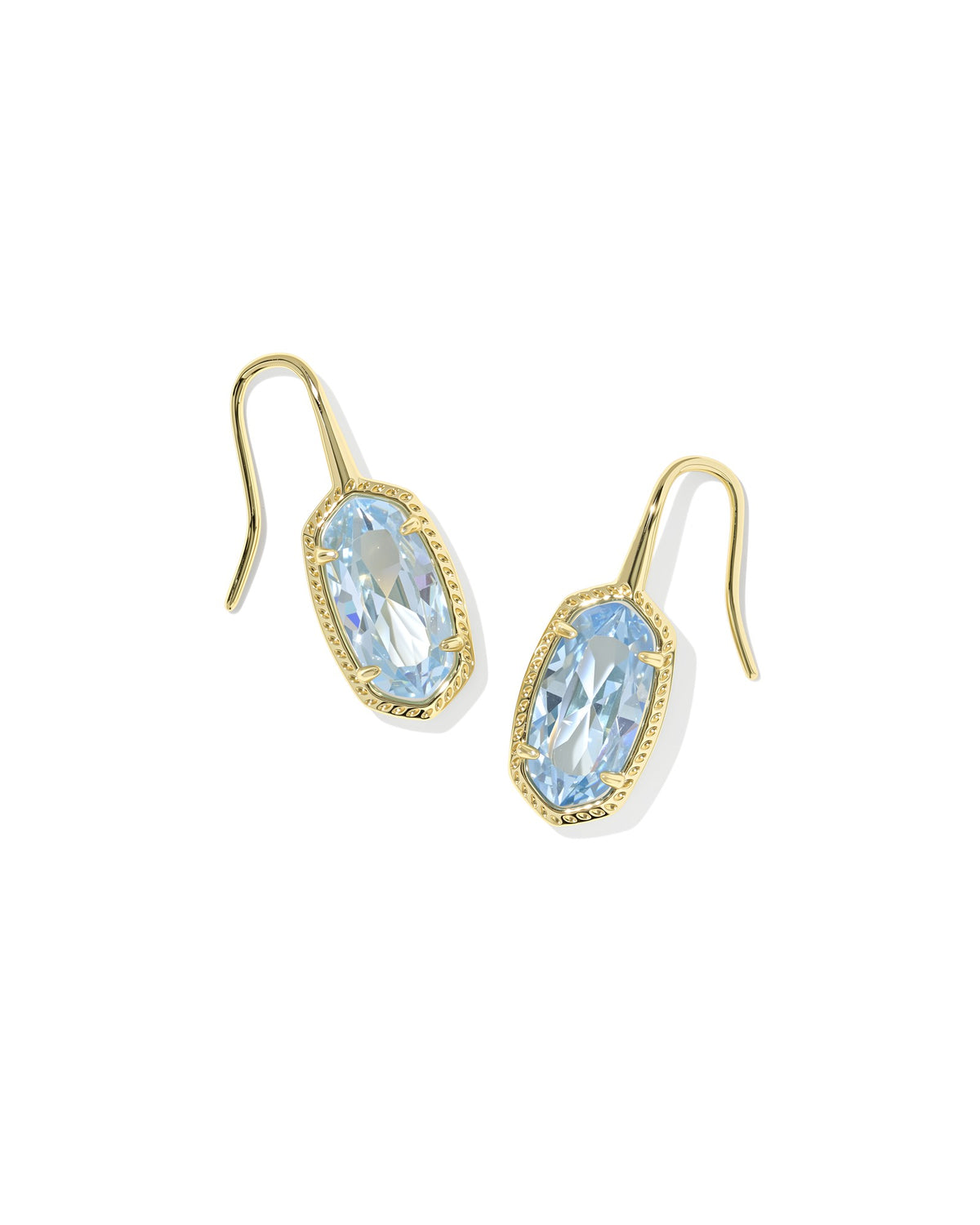 Lee Luxe Drop Earrings featuring light blue oval cubic zirconia stones in gold-tone settings.