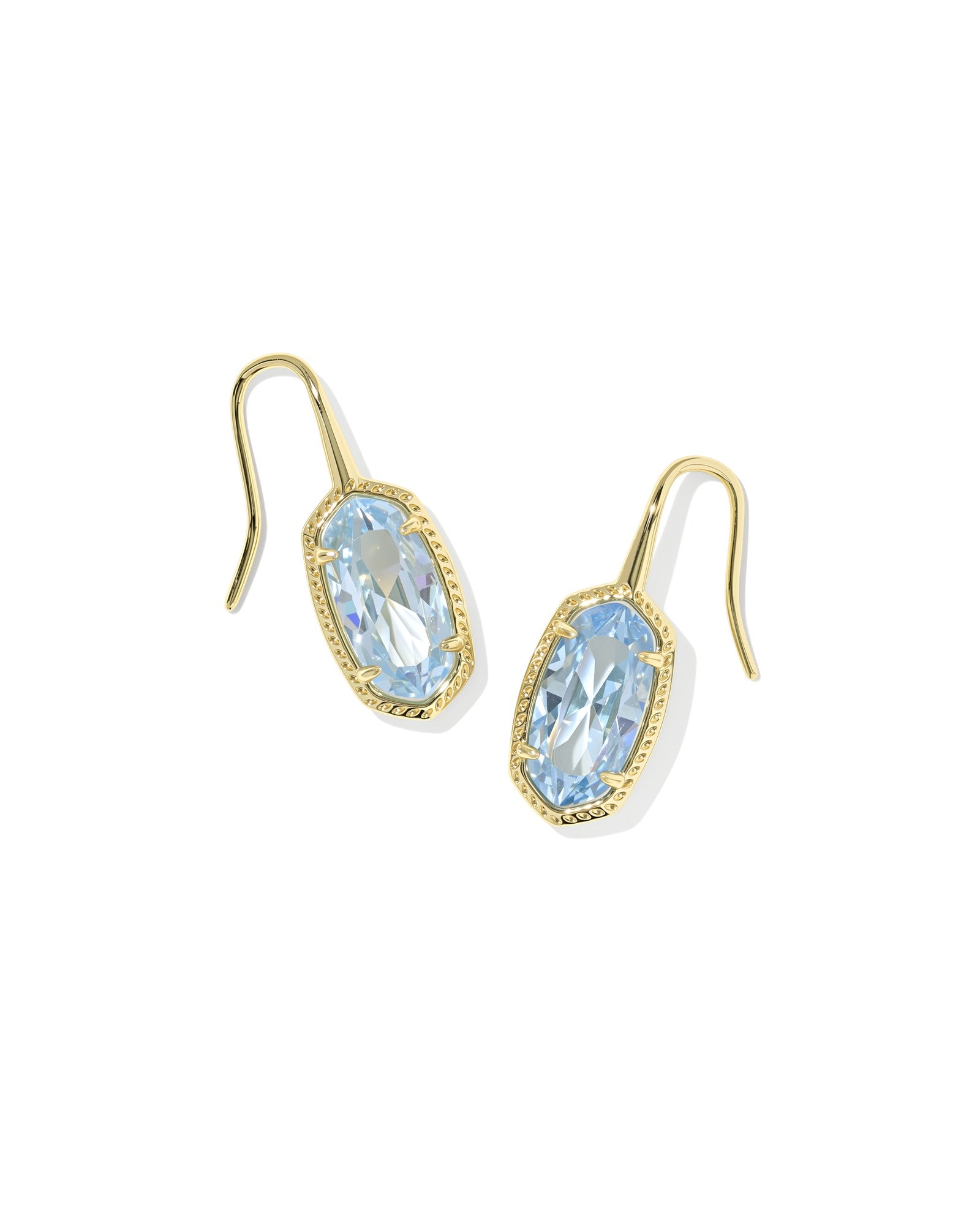 Lee Luxe Drop Earrings featuring light blue oval cubic zirconia stones in gold-tone settings.