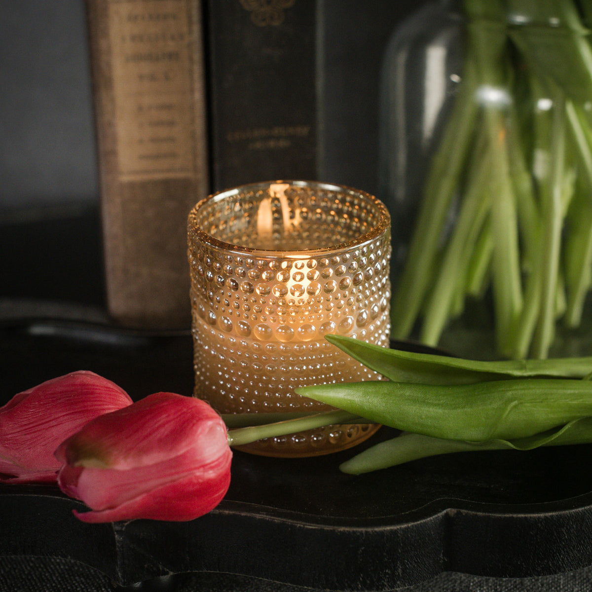 3D flame candle in a champagne glass with dotted texture