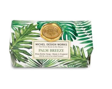 Michel Design Works Palm Breeze shea butter soap bar in green palm leaf print packaging.