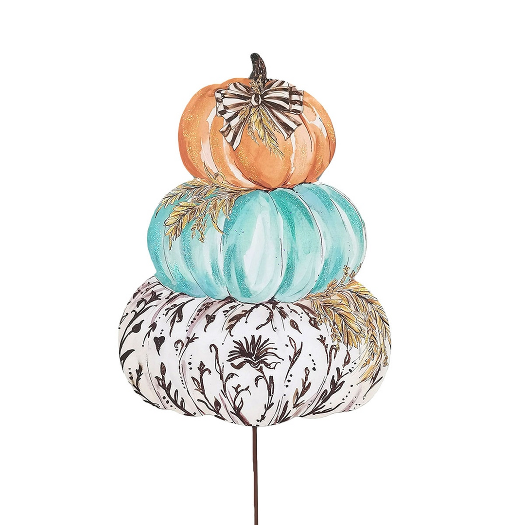 Whimsical Wheat Pumpkin Stack featuring orange, teal, and patterned white pumpkins on a metal stake.