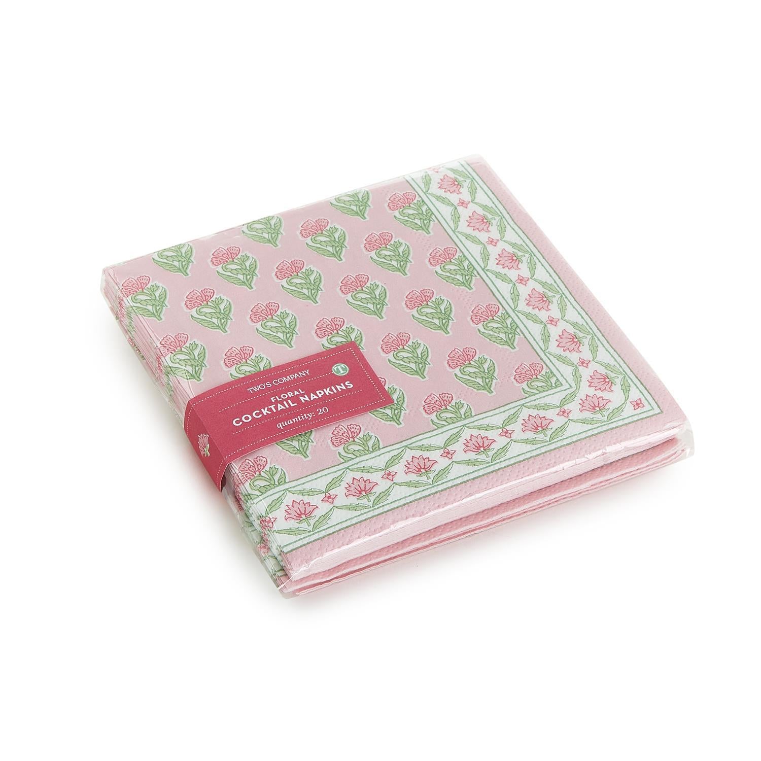Stack of floral block print cocktail napkins made from white three-ply paper.