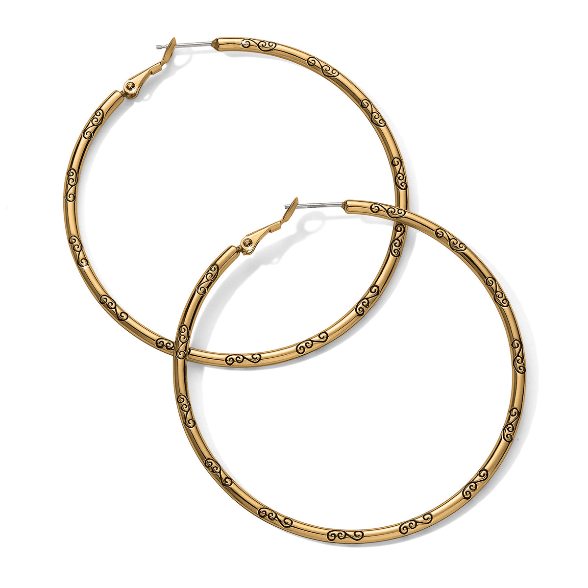 Gold-plated hoop charm earrings with a drop length of 2½ inches.
