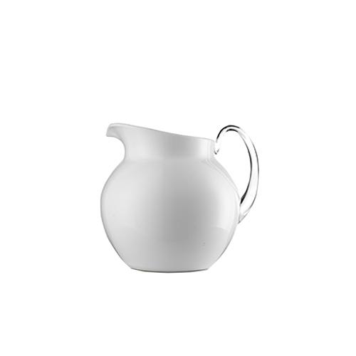 White ceramic Pallina pitcher with a rounded body and a clear glass handle, 7.25" tall.