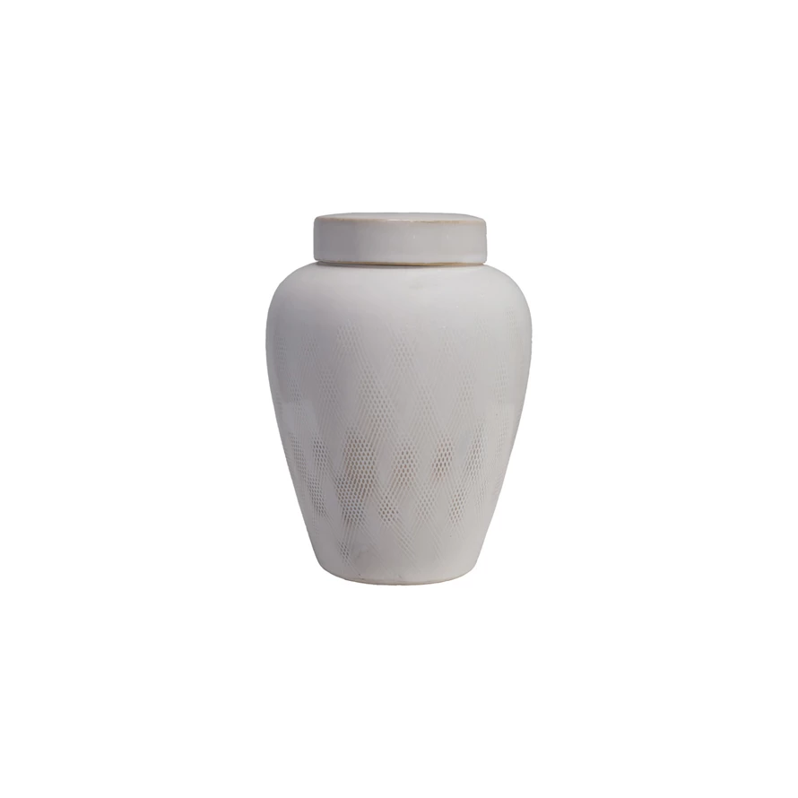 White decorative debossed stoneware ginger jar with a matching lid and textured diamond pattern.
