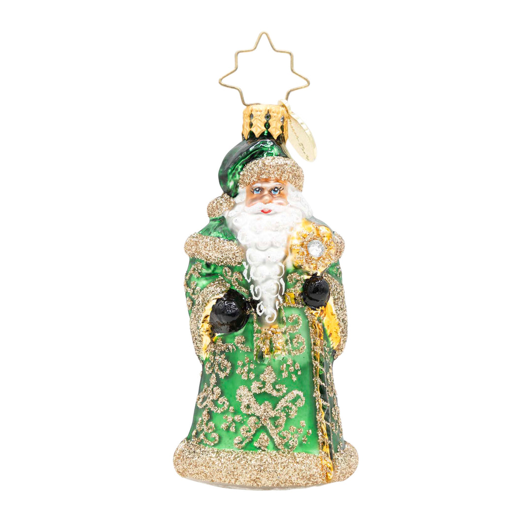 Emerald Elegance Gem Santa glass ornament in a green robe with gold glitter accents.