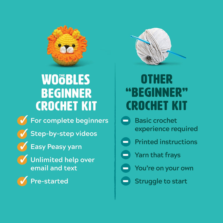 Fred the Dinosaur crochet kit with ergonomic hook, plastic eyes, stuffing, yarn needle, and pattern PDF.