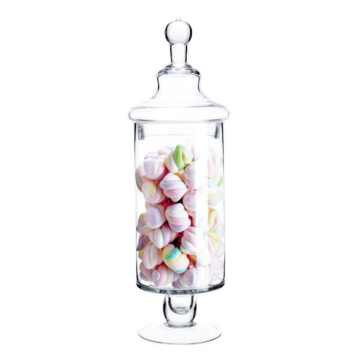Clear glass 4-inch apothecary jar with a lid and pedestal base, filled with pastel marshmallows.