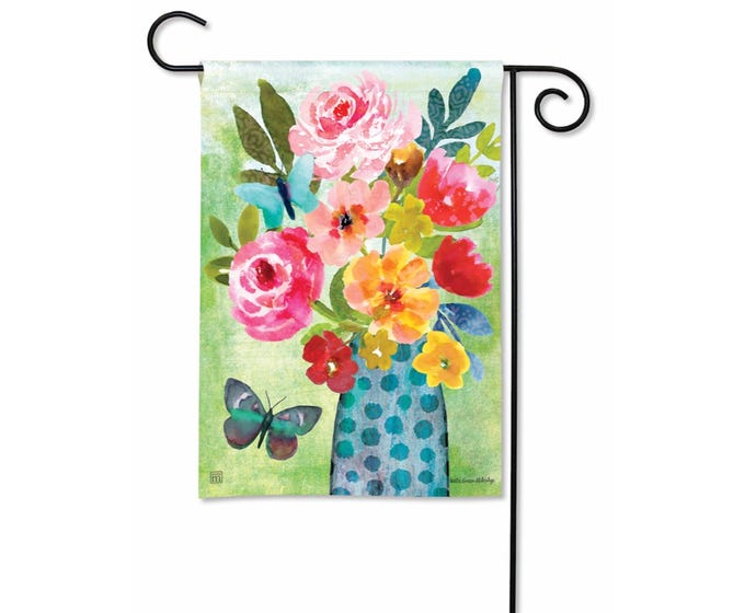 Garden flag with a watercolor floral bouquet in a blue polka dot vase and a butterfly.