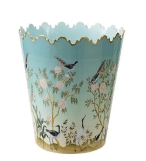 Light blue metal scalloped bucket with a hand-painted nature scene featuring birds and pink flowers.