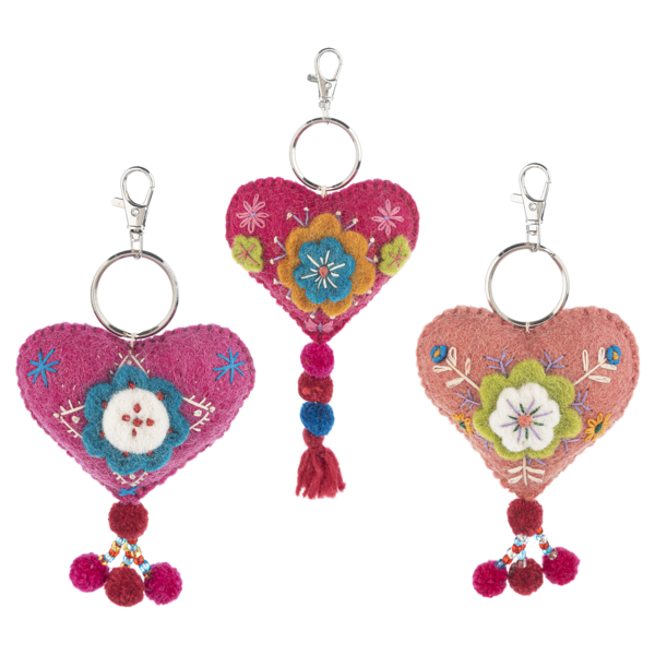 Multi-colored whimsy heart-shaped fob with a decorative pendant design.