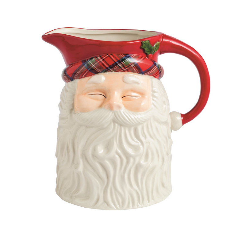 Ceramic Santa Claus pitcher with a red hat, tartan plaid trim, and a white textured beard.